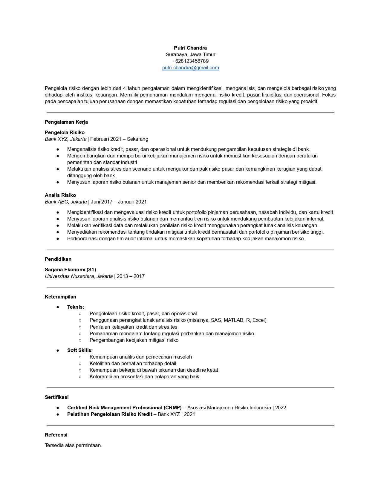Contoh CV untuk bank posisi pengelola risiko.
