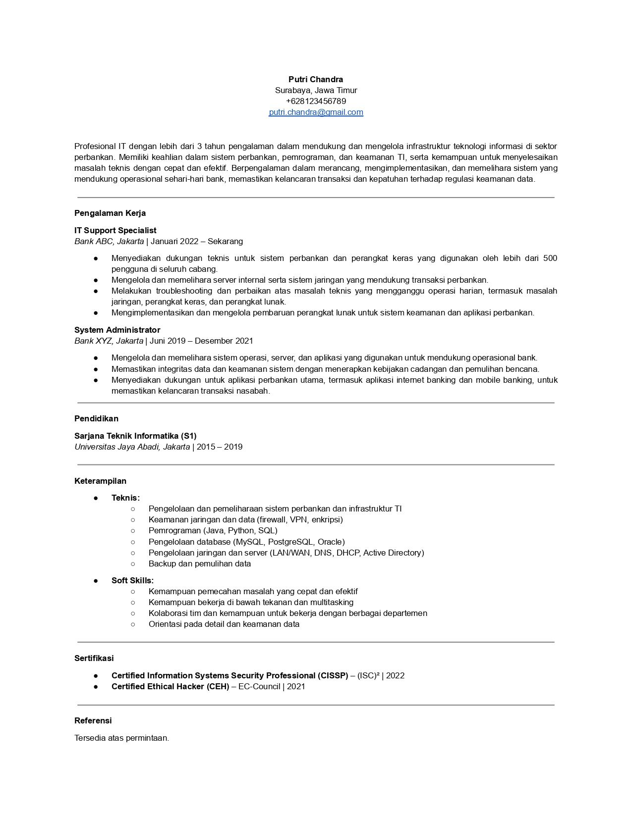 Contoh CV bank posisi IT.