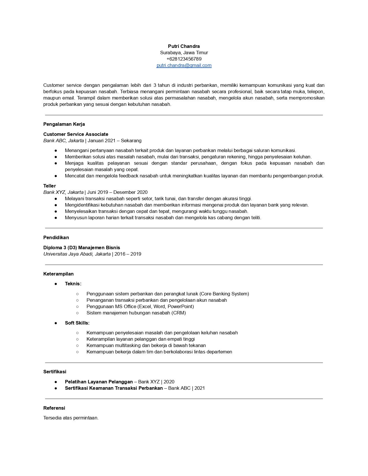 Contoh CV customer service bank.