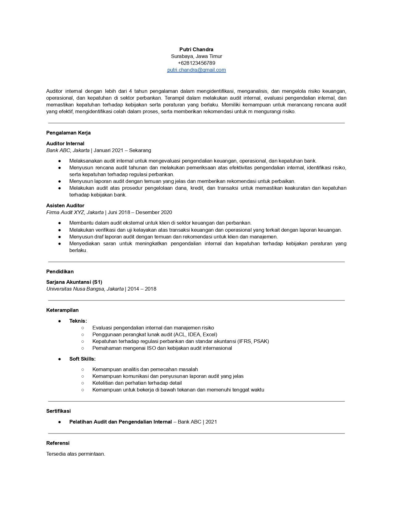 Contoh CV untuk bank posisi auditor internal.
