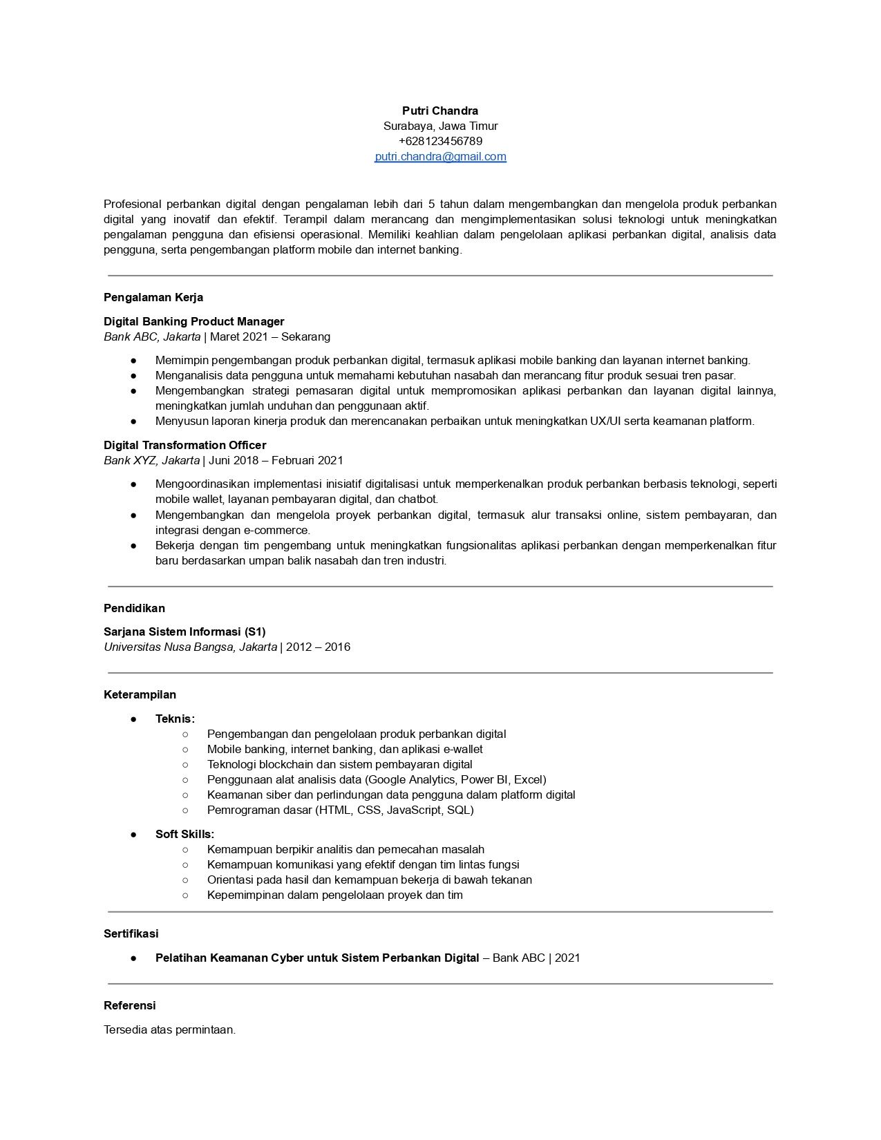 Contoh CV untuk posisi perbankan digital.