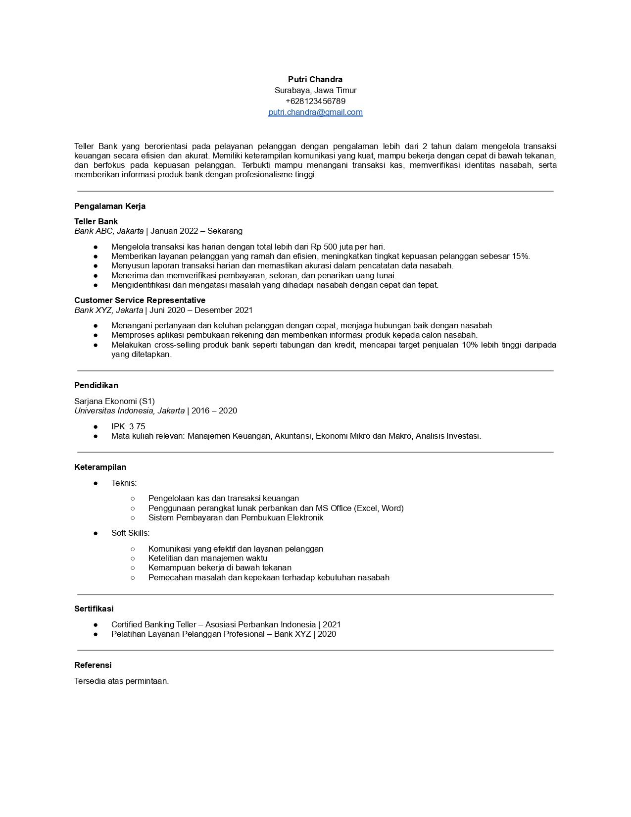 Contoh CV teller bank.