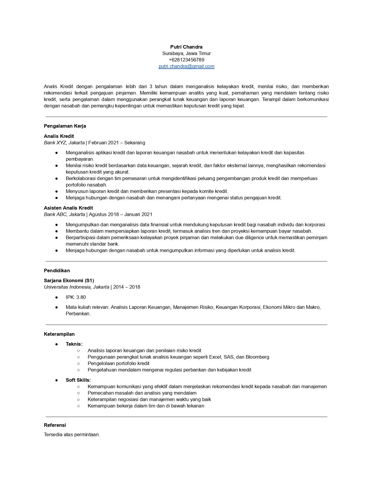 Contoh CV untuk bank posisi analis kredit.