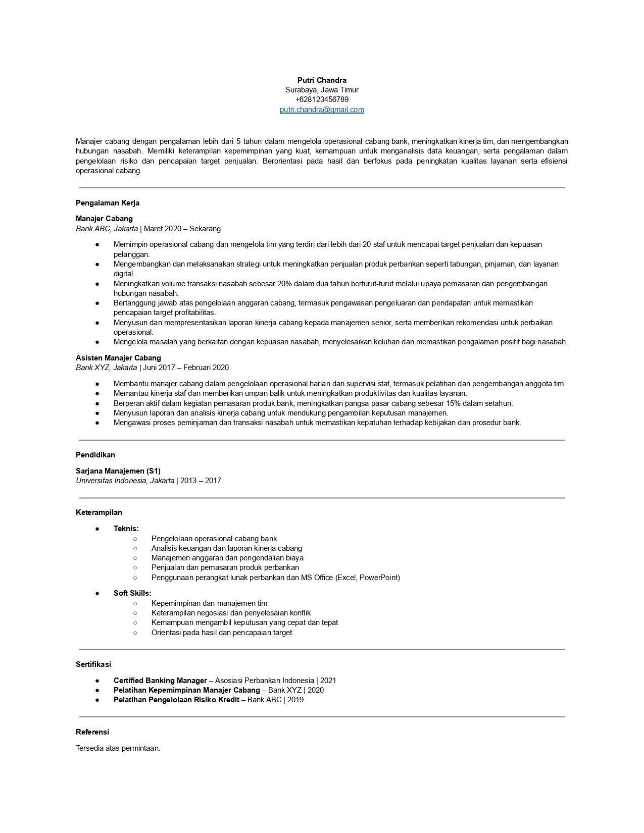 Contoh CV untuk bank posisi manajer cabang.