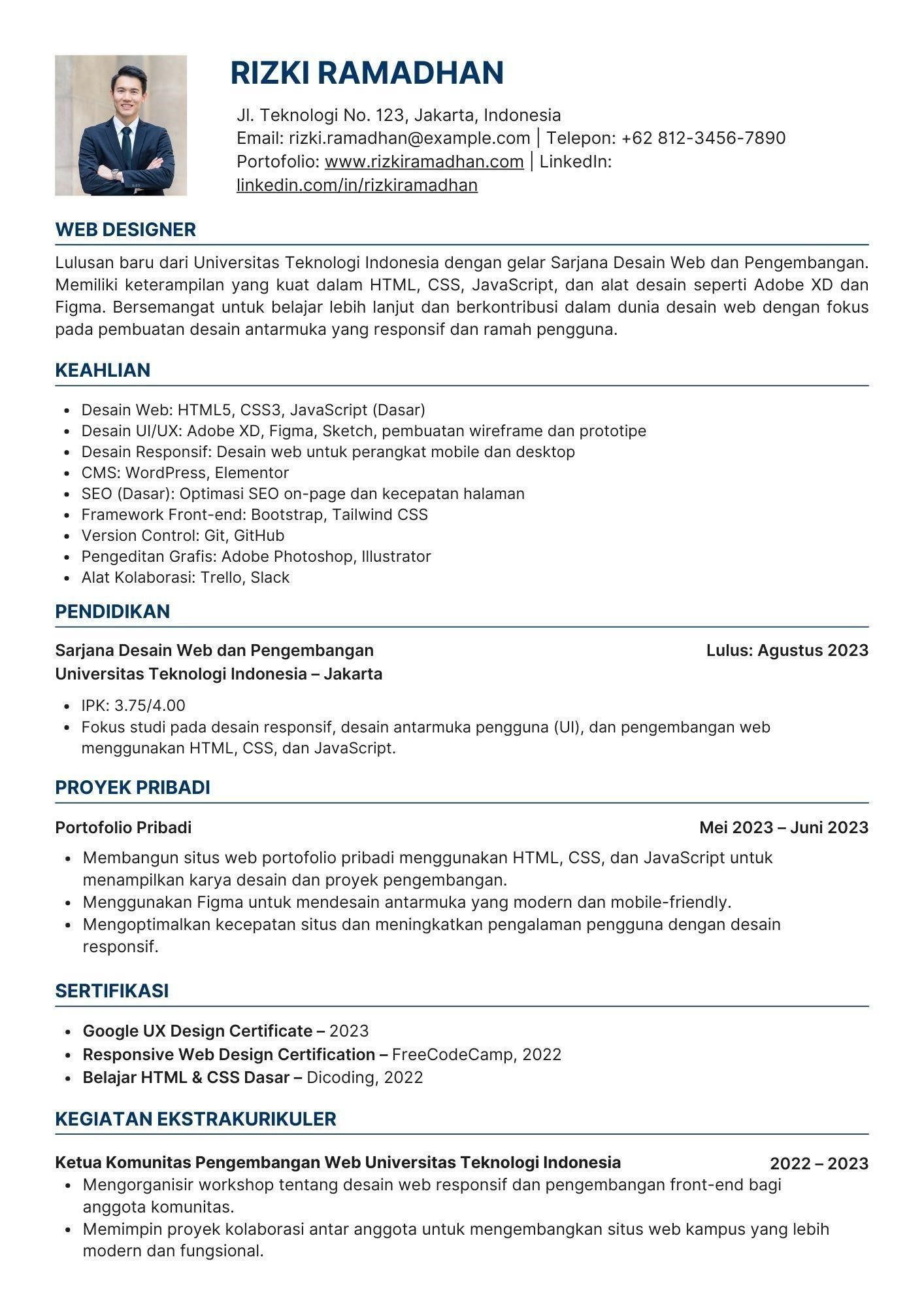 Contoh CV web designer fresh graduate.