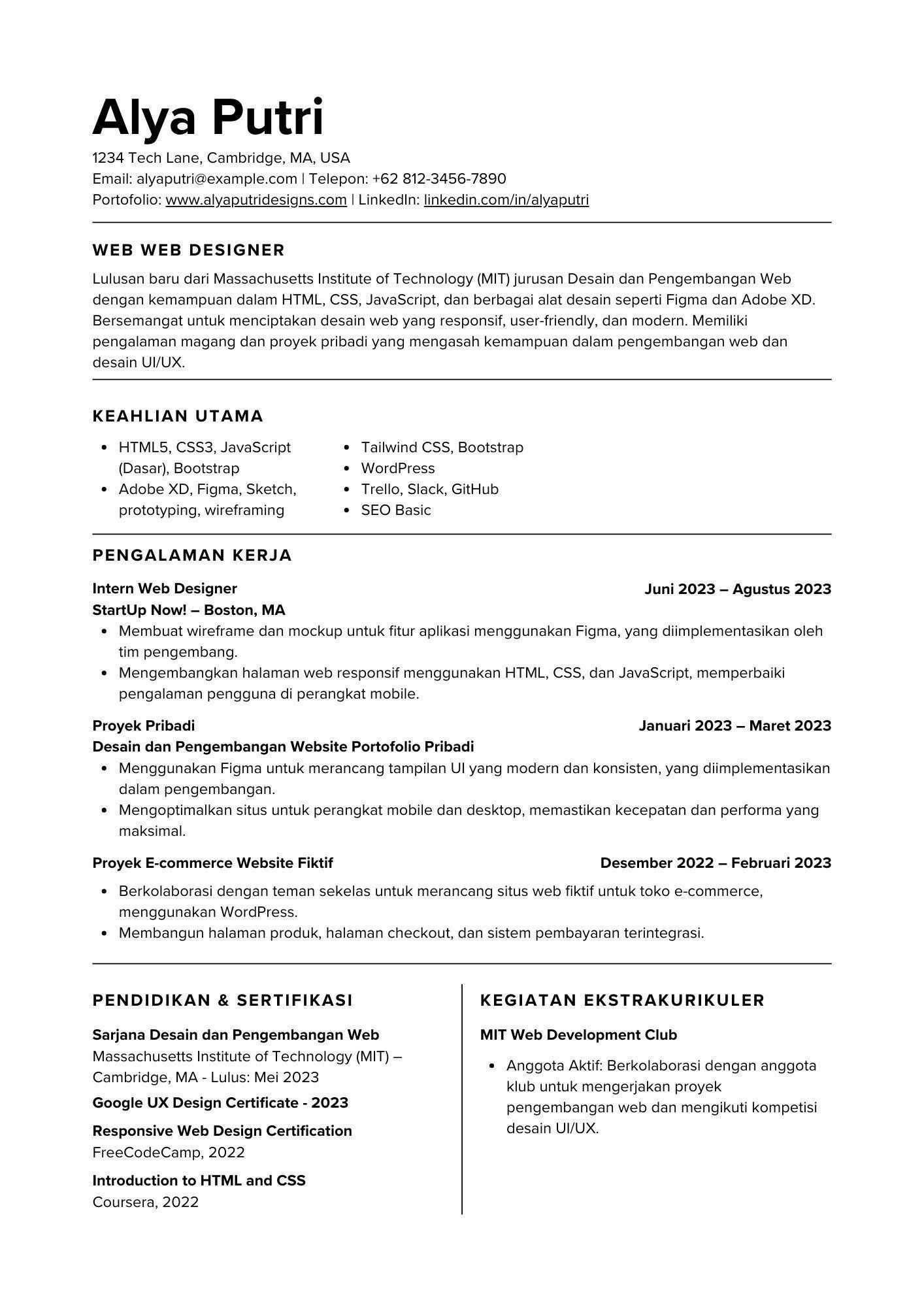 Contoh CV web designer dengan pengalaman magang.