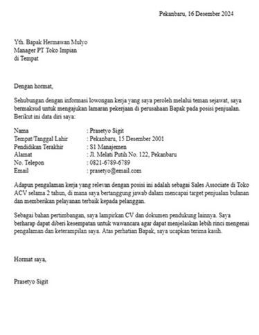Contoh Surat Lamaran Kerja Toko posisi penjualan - 1.
