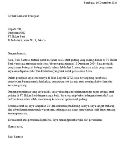 Contoh Surat Lamaran Kerja Toko posisi staff gudang - 1.