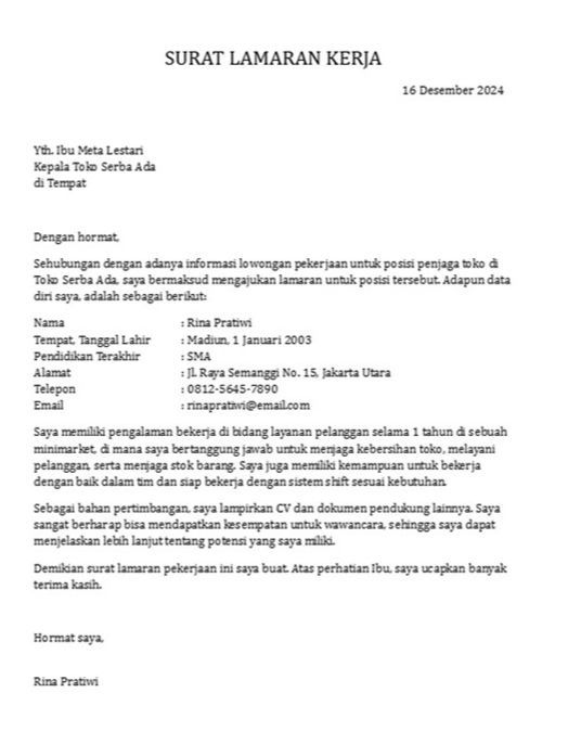 Contoh Surat Lamaran Kerja Toko posisi penjaga toko - 1.