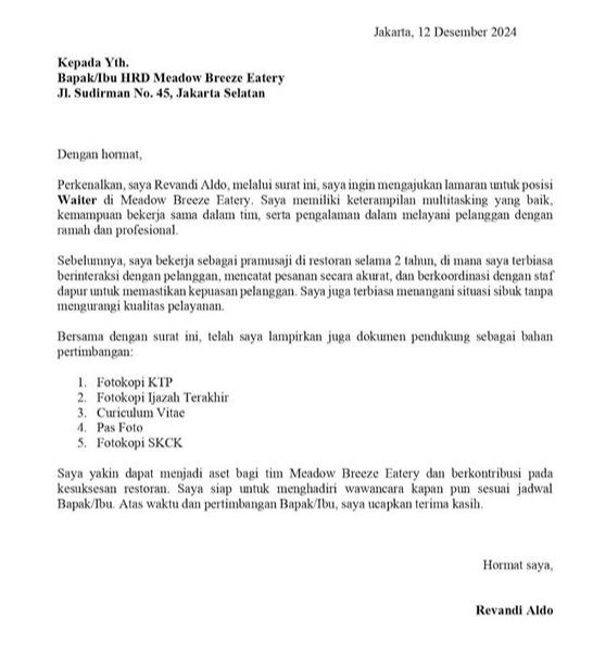 Contoh Surat Lamaran Kerja Cafe & Resto posisi waiter.
