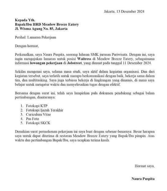 Contoh Surat Lamaran Kerja Cafe & Resto posisi waiter.