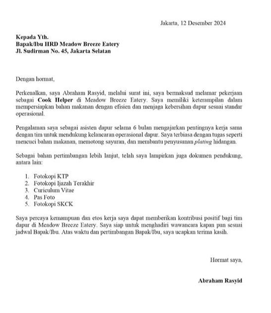 Contoh Surat Lamaran Kerja Cafe & Resto posisi cook helper.