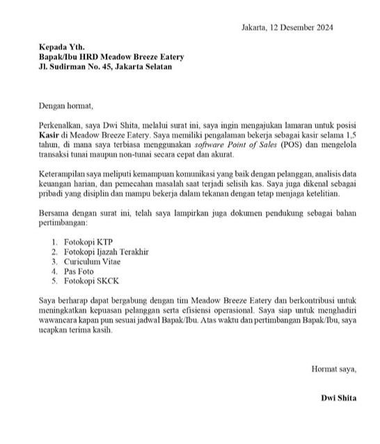 Contoh Surat Lamaran Kerja Cafe & Resto posisi kasir.