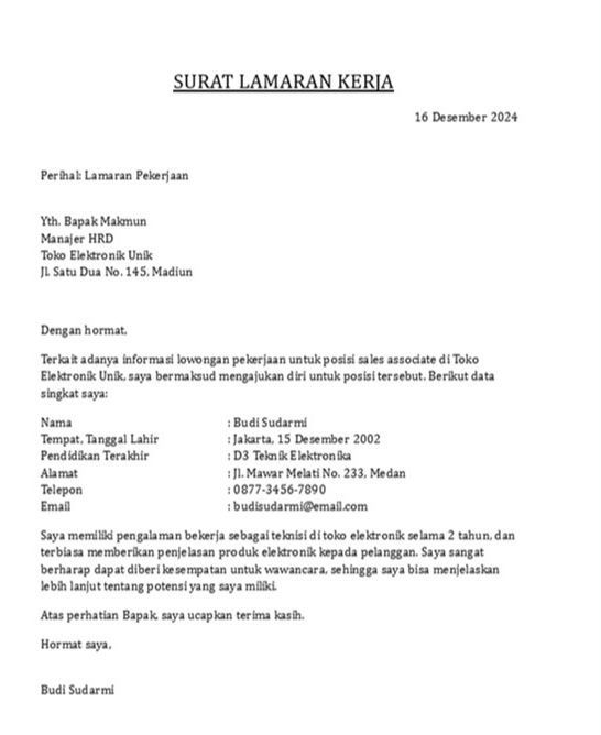Contoh Surat Lamaran Kerja Toko elektronik - 1.