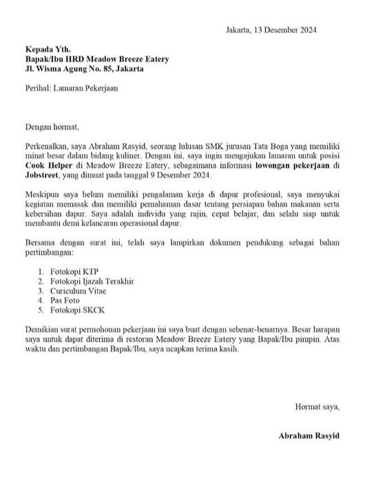Contoh Surat Lamaran Kerja Cafe & Resto posisi cook helper.