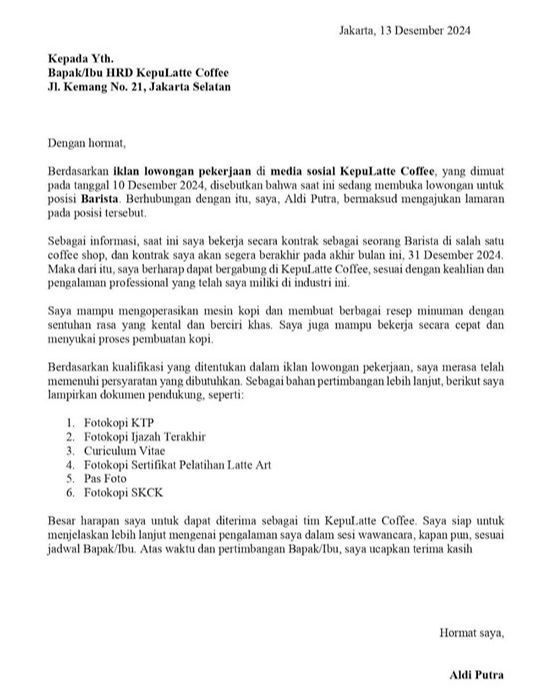 Contoh Surat Lamaran Kerja Cafe & Resto posisi barista.