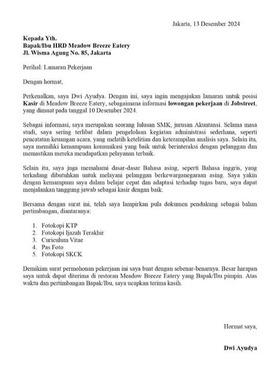 Contoh Surat Lamaran Kerja Cafe & Resto posisi kasir.