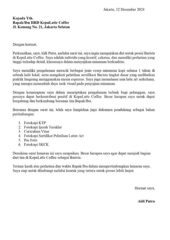 Contoh Surat Lamaran Kerja Cafe & Resto posisi barista.