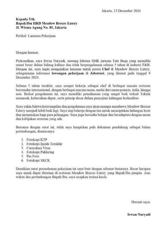 Contoh Surat Lamaran Kerja Cafe & Resto posisi chef.