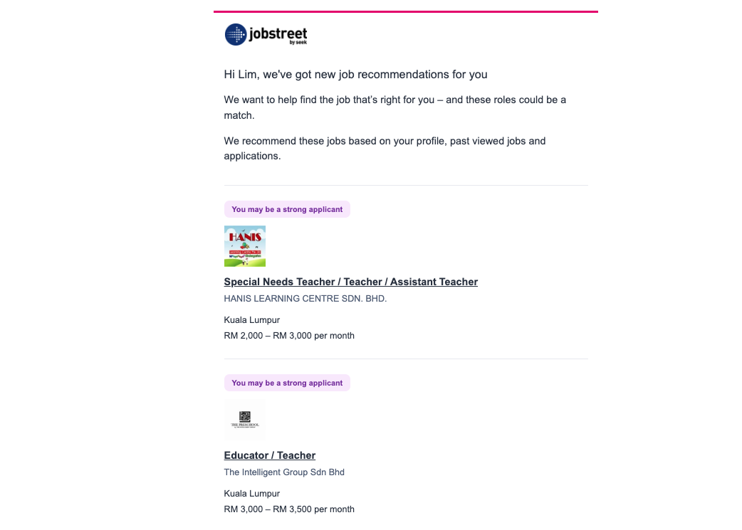 Tangkapan skrin notifikasi e-mel Jobstreet yang memaparkan cadangan kerja berdasarkan profil pengguna.