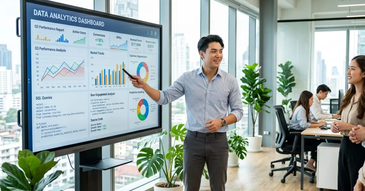 ทักษะสำคัญสำหรับสายงาน Data Analysis สายงาน Data Analysis จำเป็นต้องมีทั้ง Hard Skills และ Soft Skills เพื่อให้สามารถทำงานร่วมกับข้อมูลและทีมงานได้อย่างมีประสิทธิภาพ Hard Skills การใช้โปรแกรม Excel SQL และ Python การทำ Data Visualization ความเข้าใจด้านสถิติและการวิเคราะห์ข้อมูล การใช้เครื่องมือ BI เช่น Power BI หรือ Tableau การจัดการฐานข้อมูล Soft Skills การคิดวิเคราะห์อย่างเป็นระบบ การสื่อสารข้อมูลให้เข้าใจง่าย การแก้ปัญหาอย่างมีเหตุผล ความละเอียดรอบคอบ การทำงานร่วมกับทีม