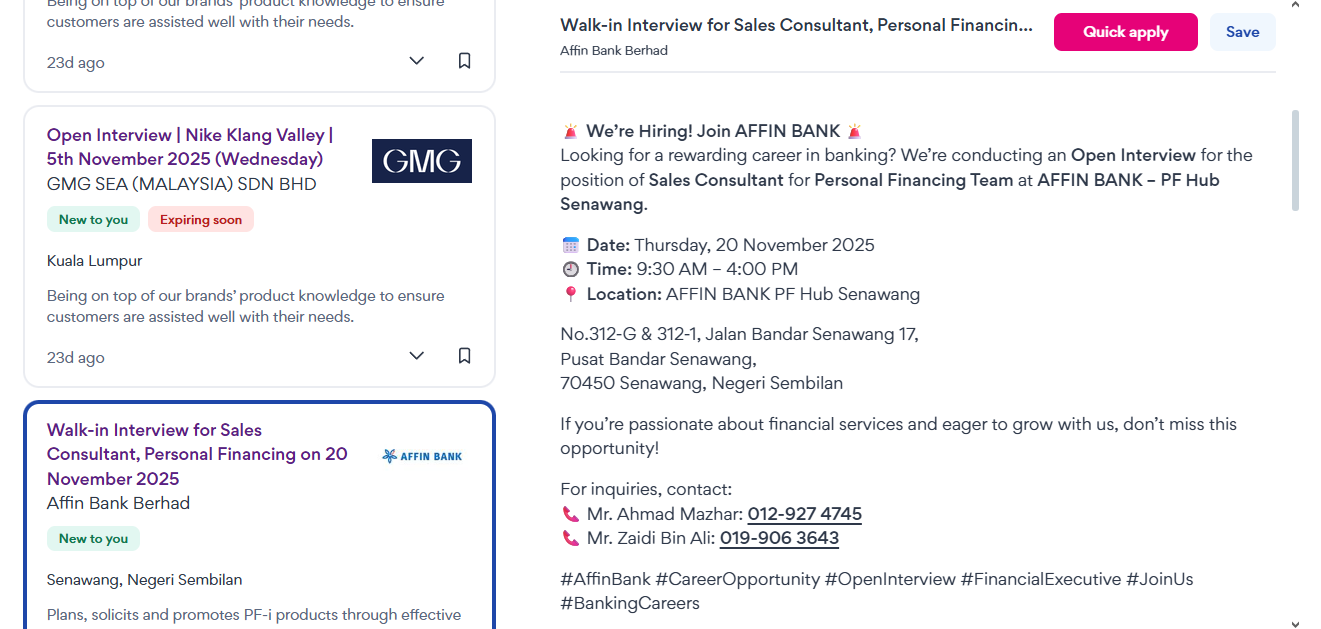 Screenshot of a job listing containing details about the open interview.
