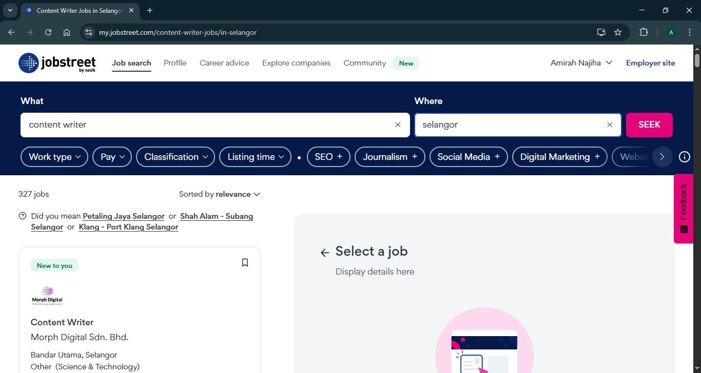 Paparan skrin laman carian kerja Jobstreet menunjukkan hasil carian untuk 