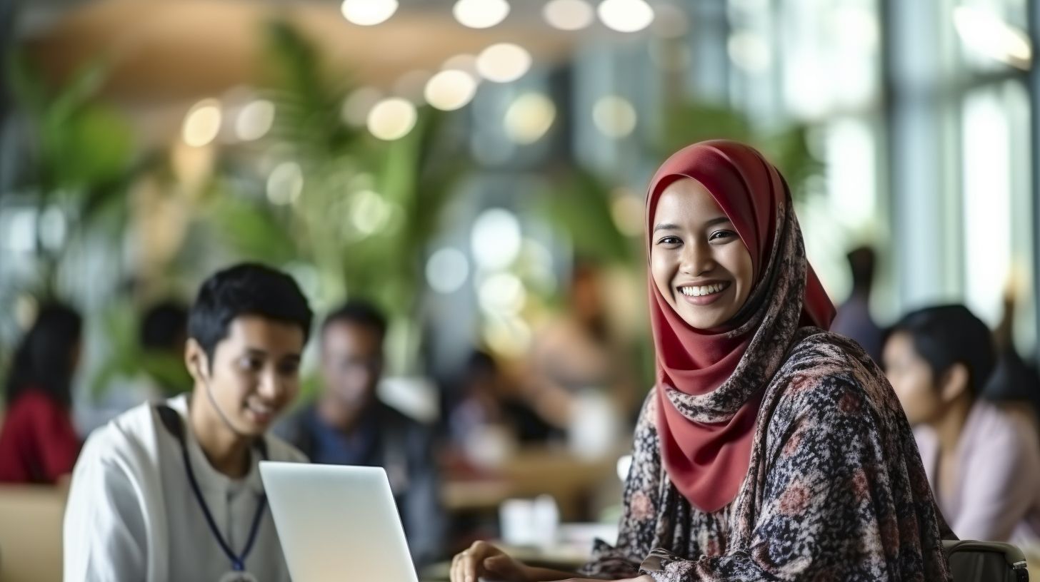 Wanita bertudung tersenyum di hadapan komputer riba semasa sesi kerja bersama rakan sekerja.