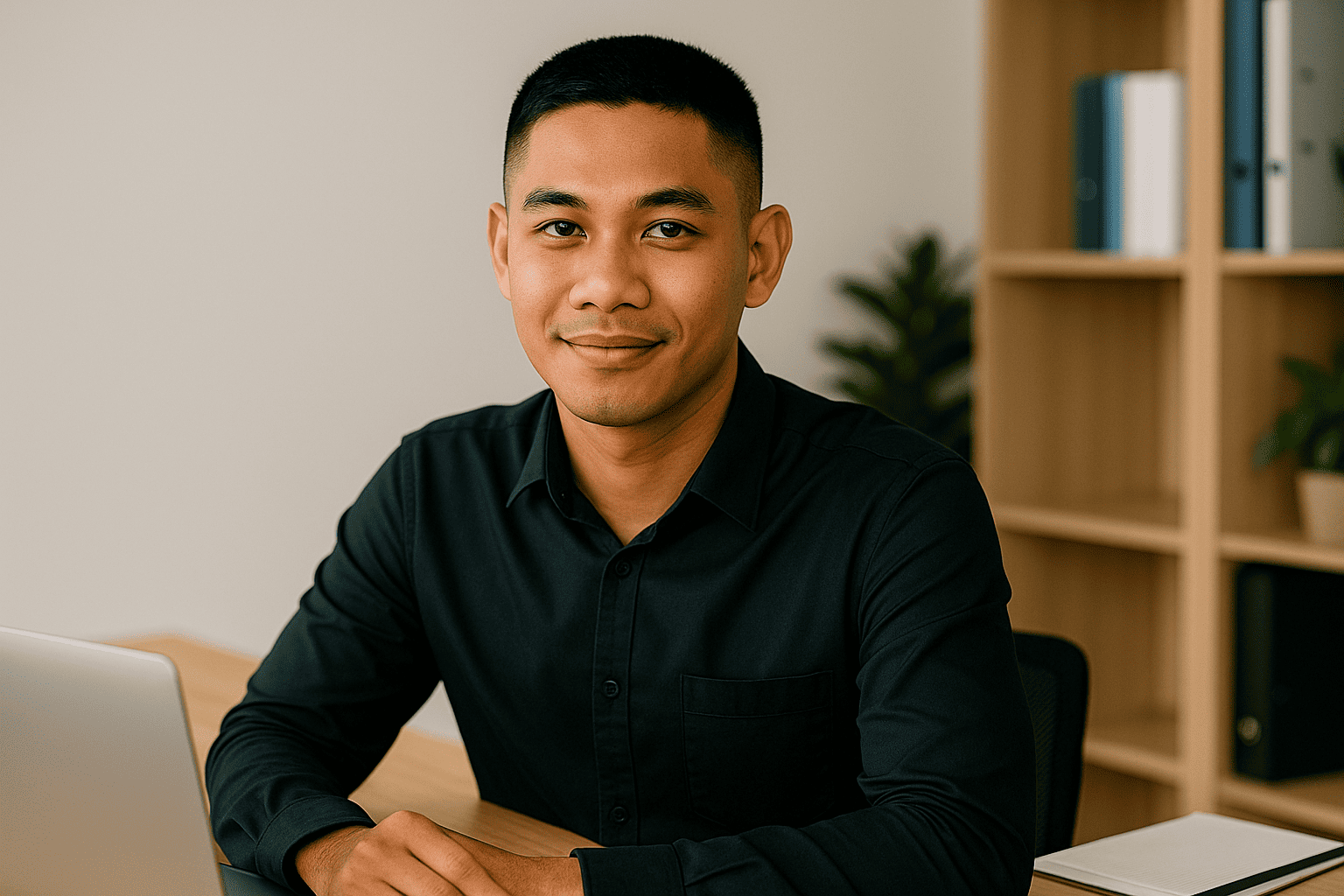 Lelaki dengan potongan rambut crew cut yang kemas, memakai kemeja hitam dan duduk di pejabat.