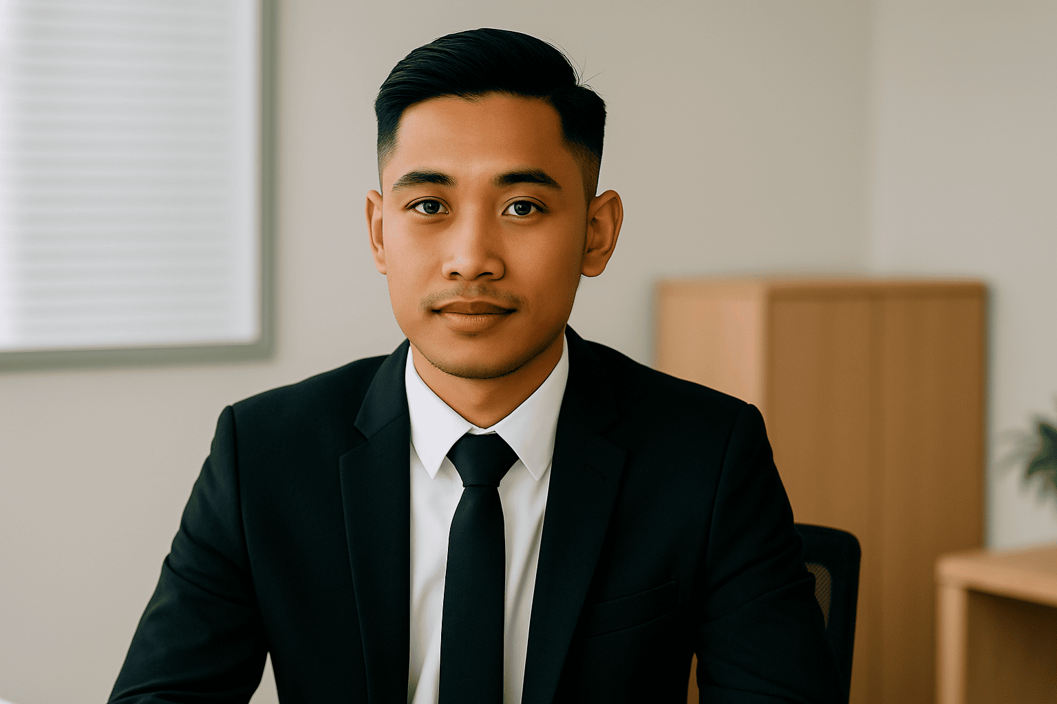 Lelaki berambut gaya side part dalam sut hitam, duduk di tempat kerja dengan penampilan kemas dan teratur.