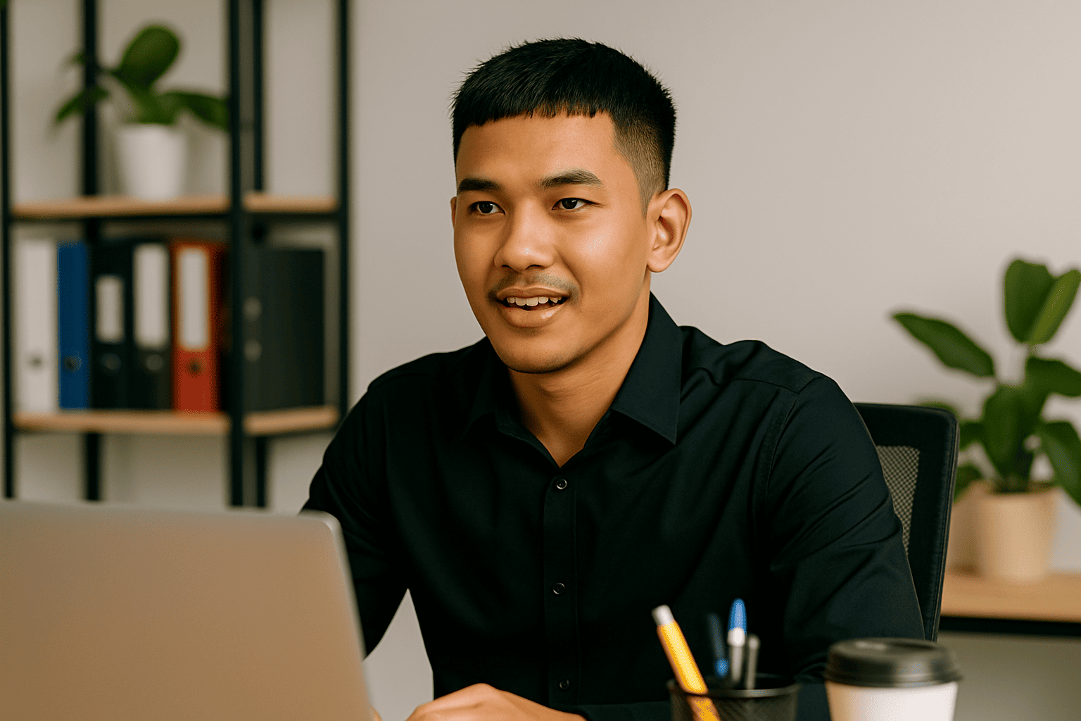 Lelaki dengan gaya rambut textured crop sedang bercakap di meja kerja, menunjukkan gaya moden yang terurus.