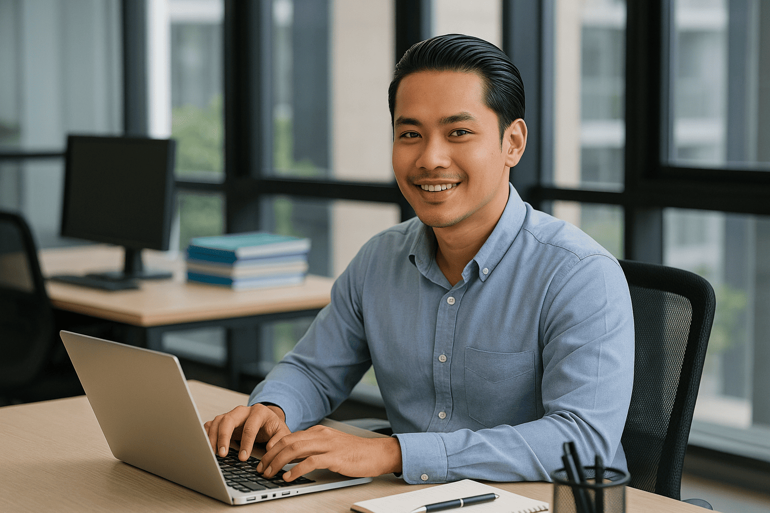 Lelaki dengan gaya rambut combed back, duduk di pejabat moden sambil menggunakan komputer riba, memaparkan imej yakin dan profesional.