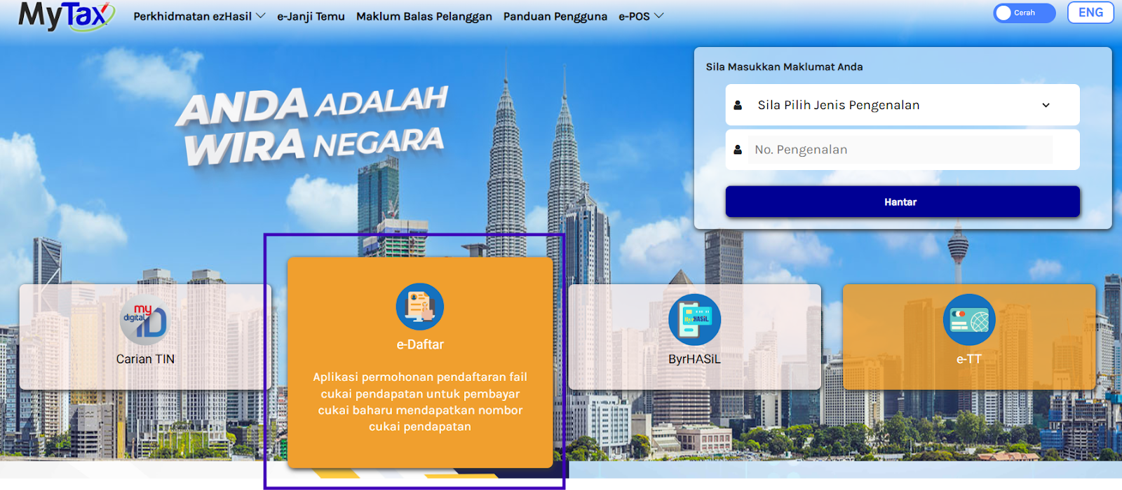 Menu e-daftar dalam portal rasmi MyTax.