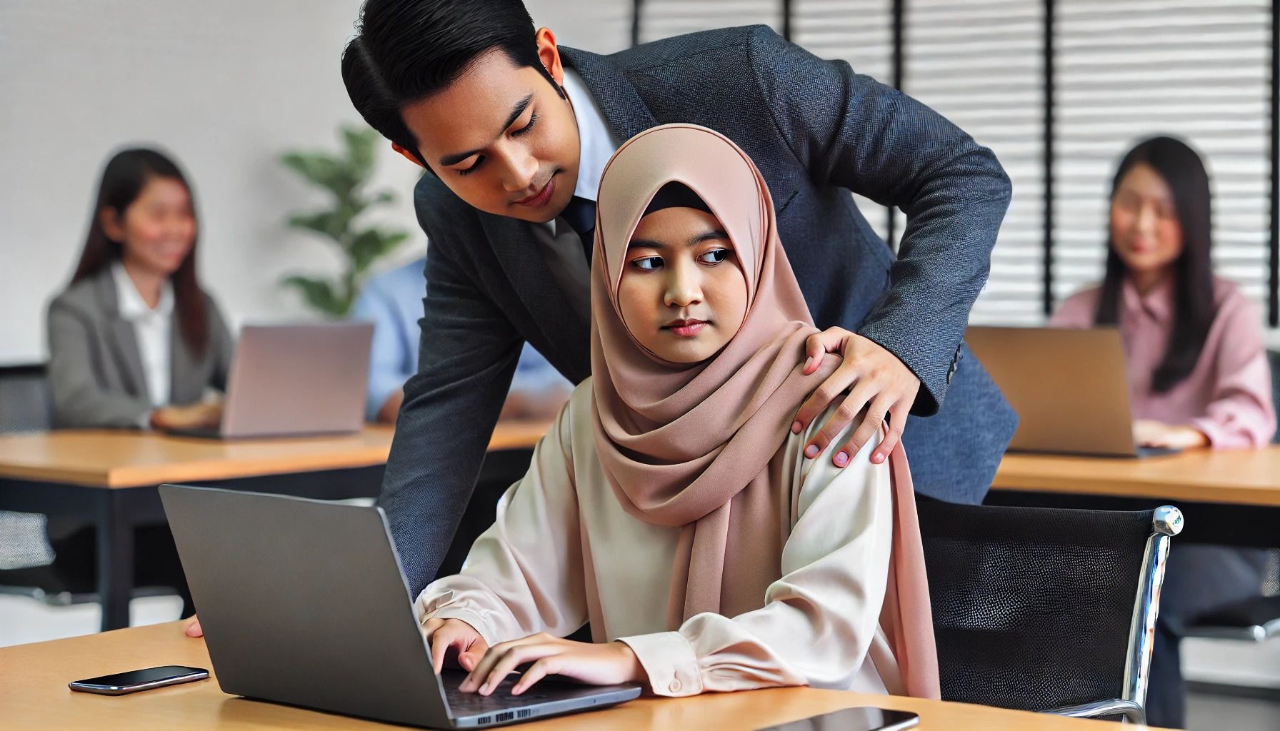 Seorang wanita kelihatan tidak selesa ketika seorang lelaki meletakkan tangan di bahunya dalam persekitaran pejabat.