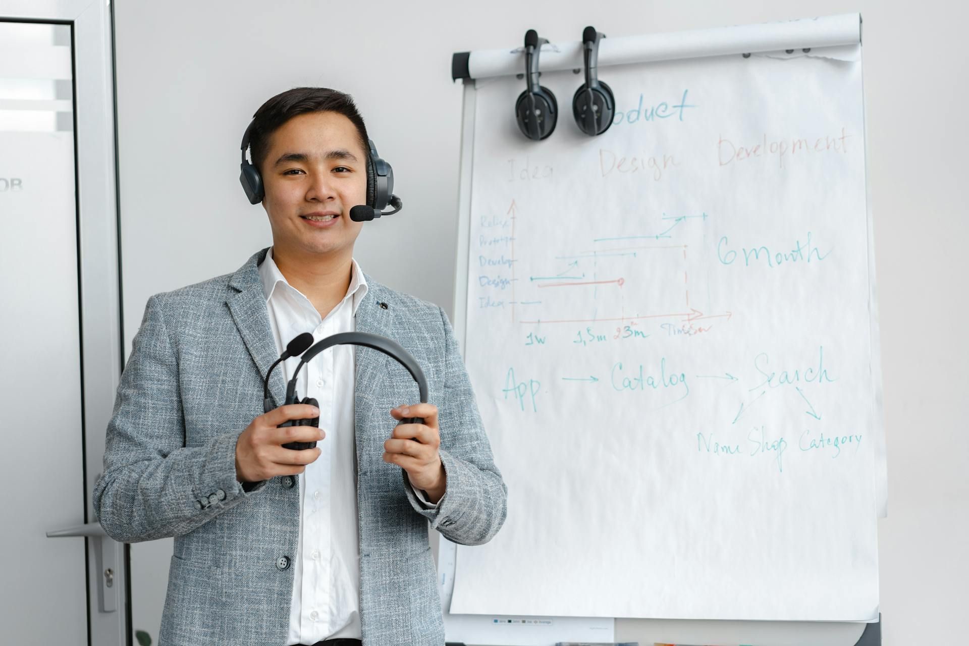 Jurujual profesional memakai set kepala sambil membentangkan strategi komisen