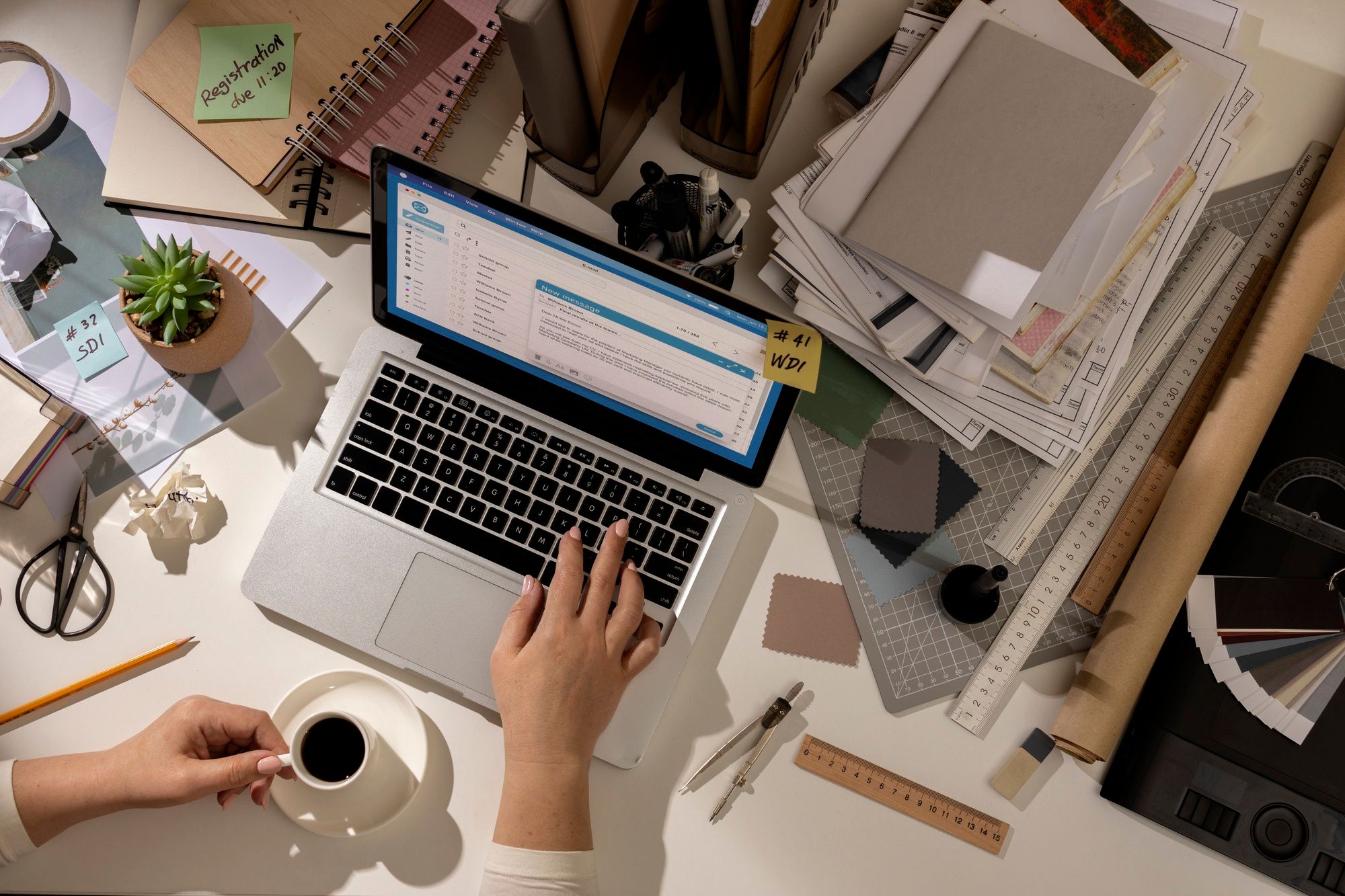 A young professional sitting at a busy work desk, working on the introductory paragraph and structure of her work-related email to write a strong conclusion
