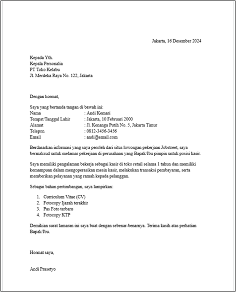 Contoh Surat Lamaran Kerja Toko posisi kasir.