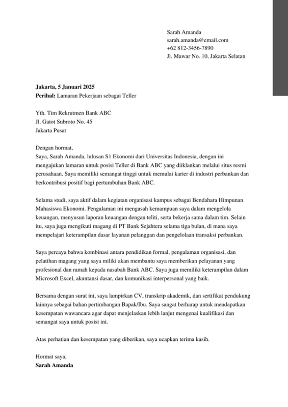 Contoh Surat Lamaran Kerja Bank untuk Fresh Graduate.