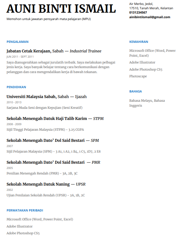 contoh cv untuk mohon jawatan akademik