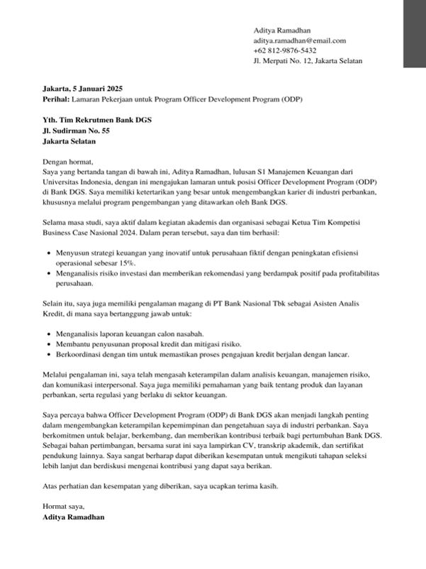 Contoh Surat Lamaran Kerja Bank untuk Posisi Officer Development Program (ODP).