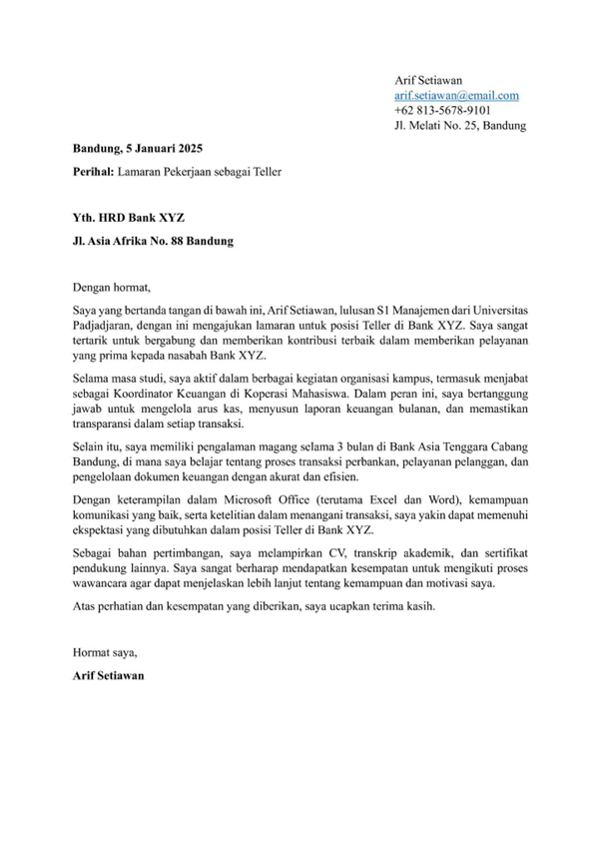 Contoh Surat Lamaran Kerja Bank untuk Posisi Teller.