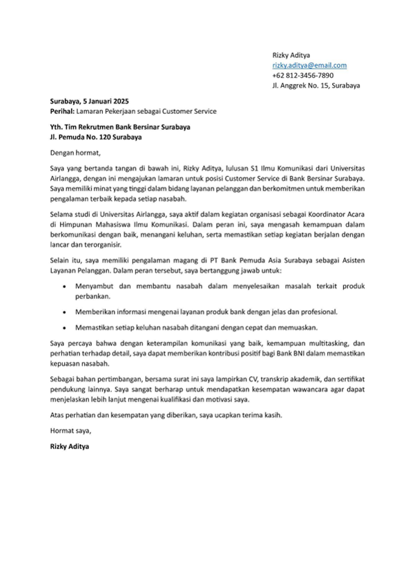 Contoh Surat Lamaran Kerja Bank untuk Posisi CS (Customer Service).