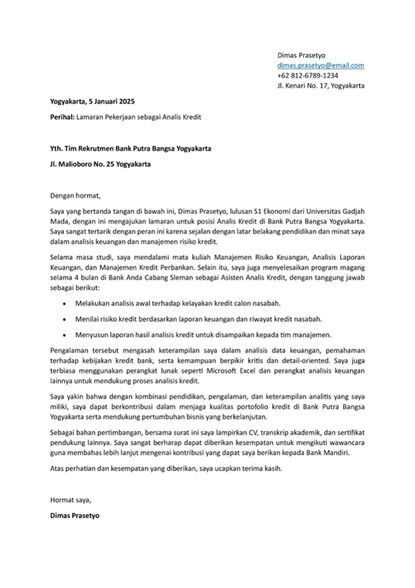Contoh Surat Lamaran Kerja Bank untuk Posisi Analis Kredit.
