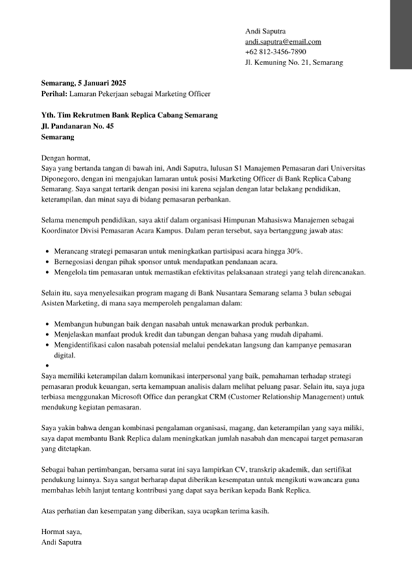 Contoh Surat Lamaran Kerja Bank untuk Posisi Marketing.